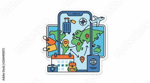 A cartoon illustration on a white background of a large smartphone with a world map on its screen, surrounded by two smaller phones, a plane, luggage and travel-related items