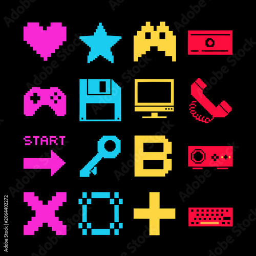 90s Pixel Art Vector Set: 16 Retro Gaming Icons