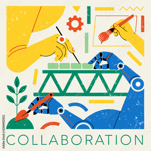 AI Human Collaboration Vector: Hand and Robot Working Together
