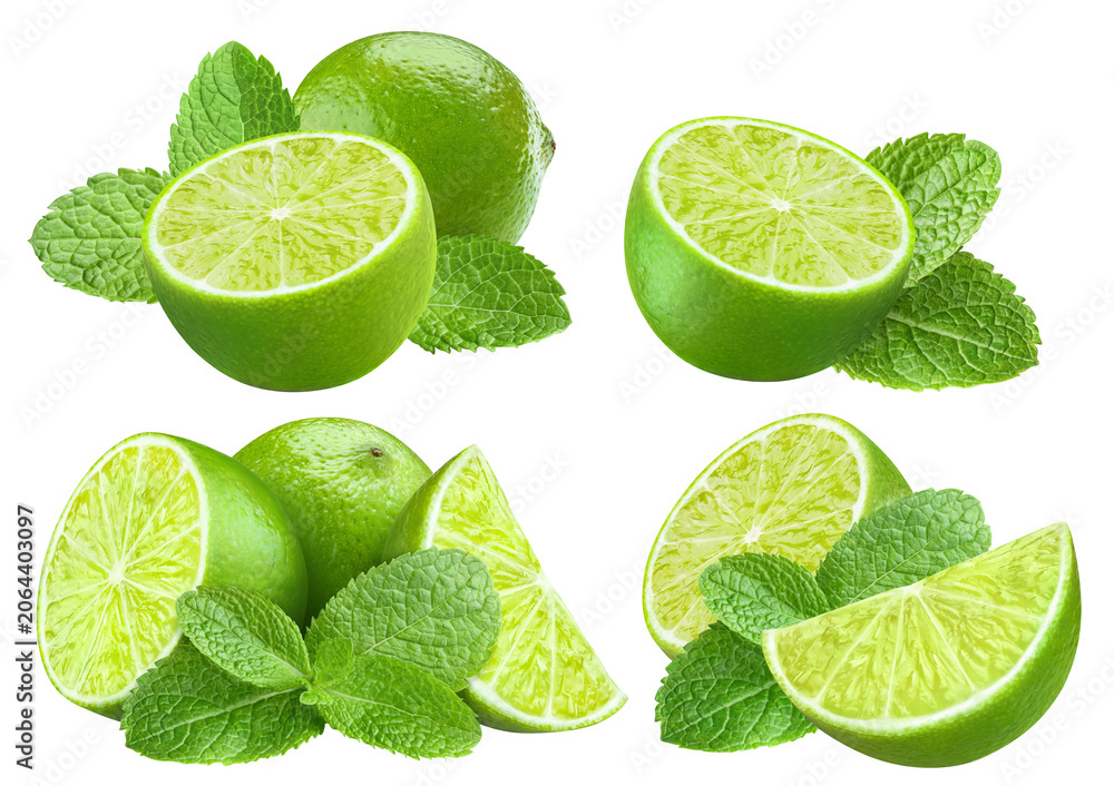 Obraz premium Set of fresh limes with mint leaves, isolated on transparent cutout background