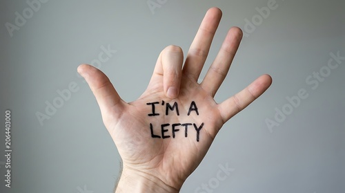 Left handed person showing hand with I'm a lefty message written on palm on Left Handers Day