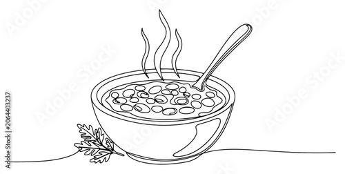 Hot bean soup bowl with steam and spoon in continuous line art style