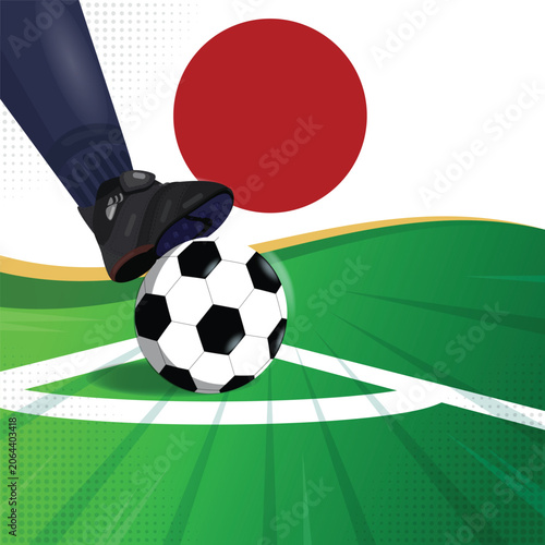 Dynamic football themed vector illustration featuring a soccer ball being kicked by a player in front of the Japan national flag