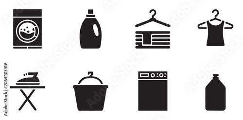 Laundry care and household cleaning icon set with washing ironing drying and garment symbols