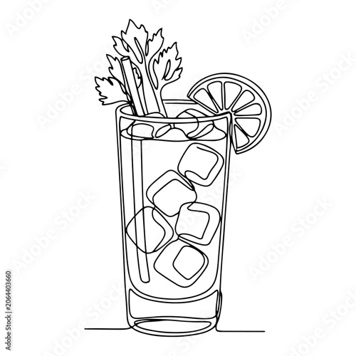 Bloody Mary cocktail glass with ice and celery in continuous line art style