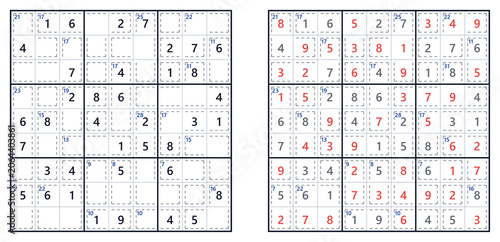 Fotografie Killer Sudoku puzzle with answers displayed on a grid, featuring numbers in blac