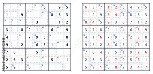 Killer Sudoku puzzle with answers displayed in red, featuring a hard level grid layout suitable for printing and solving, with numbered cells and outlined sections