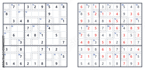 Killer Sudoku puzzle with answers displayed, featuring a hard level grid layout, numbers filled in red and blue, suitable for printing and solving challenges