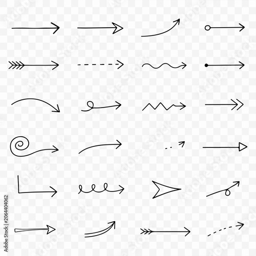 Hand Drawn Arrow Set with Various Scribble and Doodled Styles, Minimalist Black Vector Graphics for Design
