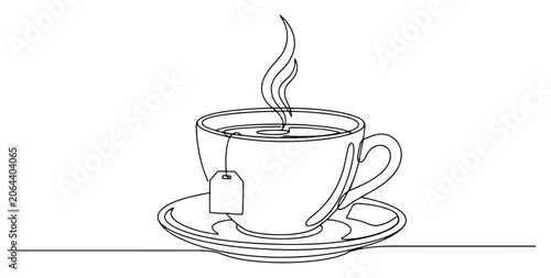 Photos Hot tea cup on saucer with teabag and steam in minimalist continuous line art st