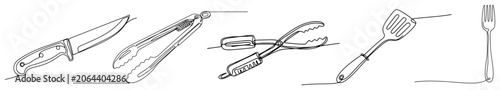 Foto Barbecue utensils including knife tongs spatula and fork in continuous line art