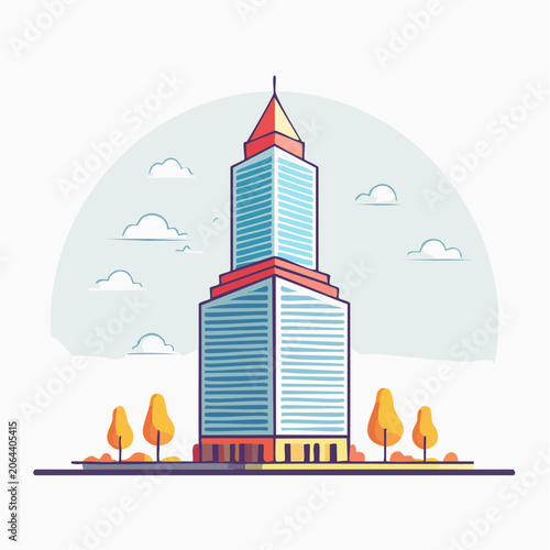 Modern Skyscraper Illustration with Trees and Clouds