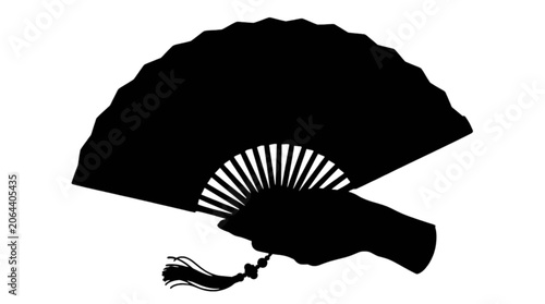 Black traditional japanese folding paper fan isolated on transparent background, Vector