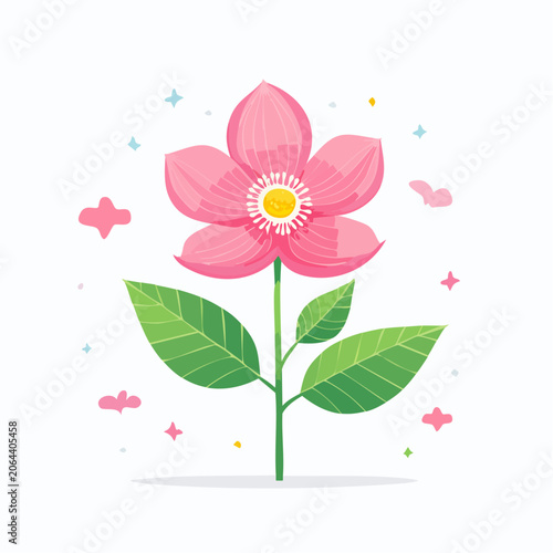 Pink Flower Illustration with Green Leaves and Sparkles