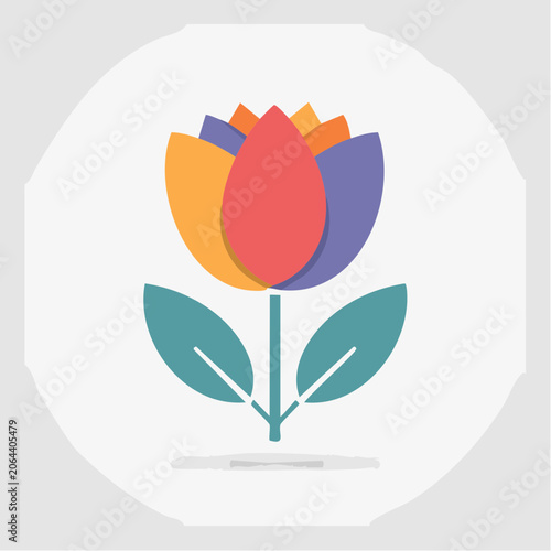 Stylized Flower Icon with Colorful Petals and Green Leaves