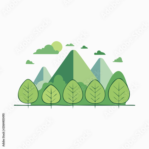 Stylized Green Landscape with Mountains, Trees, Sun, and Clouds