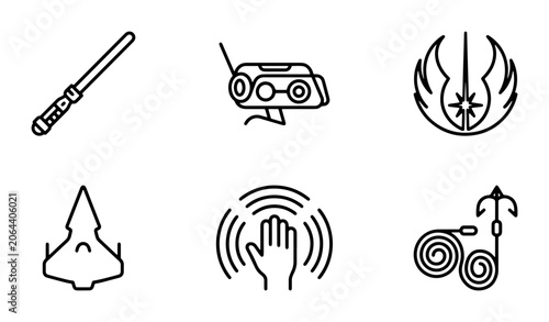 Bild auf Leinwand Sci-Fi Icons: Lightsaber, Droid, Jedi Symbol, Spaceship, Hand Gesture, Grappling