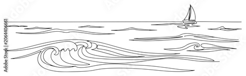 Sailboat sailing on ocean waves at horizon drawn in minimalist single continuous line art style