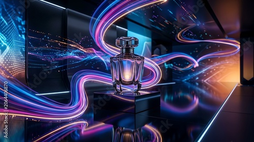 Luxury product display with flowing neon lights