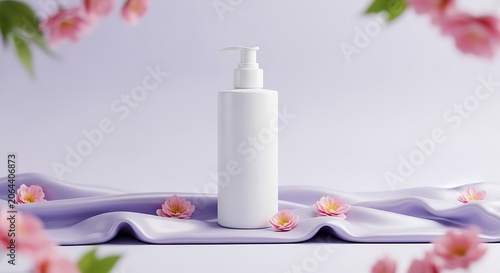 Minimalist white cosmetic pump bottle mockup, blank skincare container on purple silk fabric, elegant beauty product packaging with pink cherry blossoms