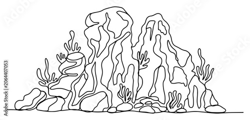 Bild auf Leinwand Coral reef underwater rocks and sea plants in continuous line art style