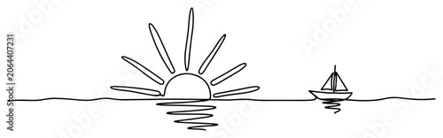 Seascape sunset with setting sun and minimalist sailboat drawn in minimalist single continuous line art style