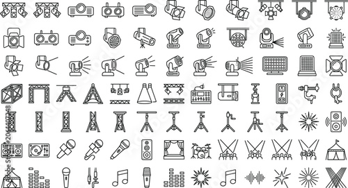 Fotografie Stage lighting icons set with spotlights projectors truss equipment concert musi