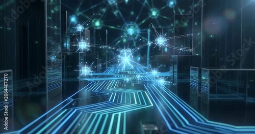 A futuristic digital circuit board with glowing blue pathways and interconnected network nodes, symbolizing data flow and advanced technology.
