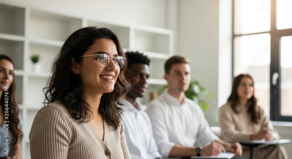 Obraz premium Smiling Young Woman with Glasses Attending a Seminar with Diverse Group of Students in a Bright Modern Classroom