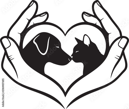 Hands Holding Heart with Dog and Cat Silhouette