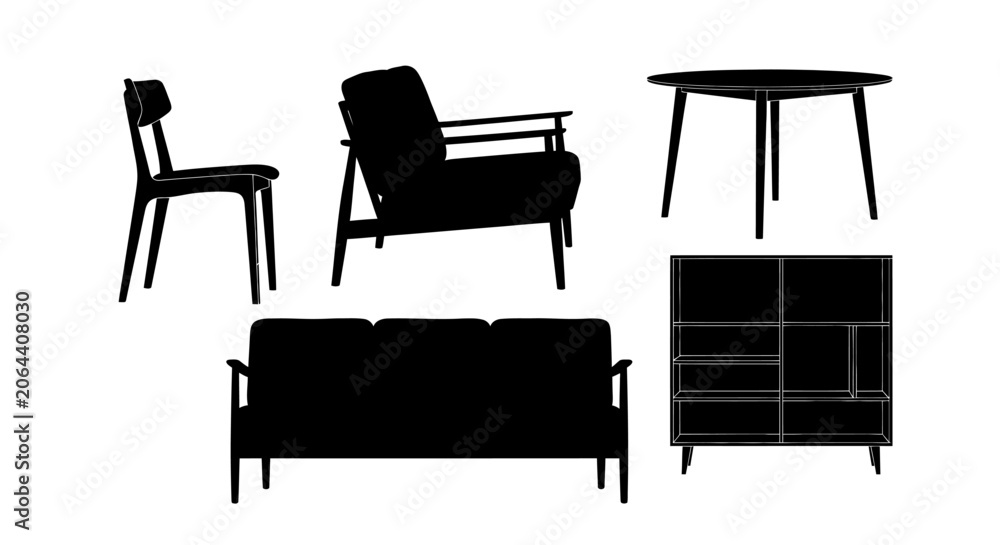 Fototapeta premium Silhouettes of modern furniture set including sofa chairs table and shelving unit on white background