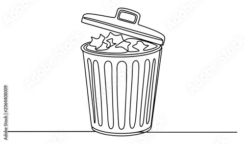 Konstfotografi Metal trash can overflowing with garbage in continuous line art style