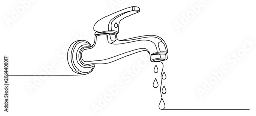 Water faucet with dripping drops from tap in minimalist continuous line art style