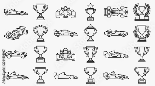 Elegant Collection of Classic Racing Icons and Prestigious Motorsport Trophies for Enthusiasts with high professional line art symbols for modern creative design and digital branding projects