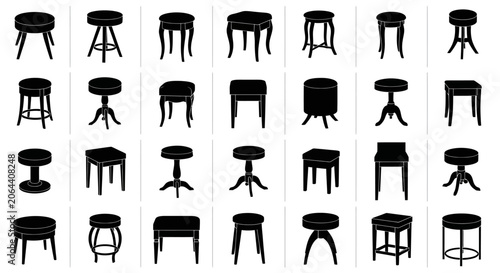 Fotografía Collection of various black stool and chair silhouettes on white background