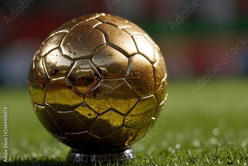 Closeup of the prestigious ballon dor trophy, a golden football award resting on a lush green grass field, symbolizing excellence in professional football