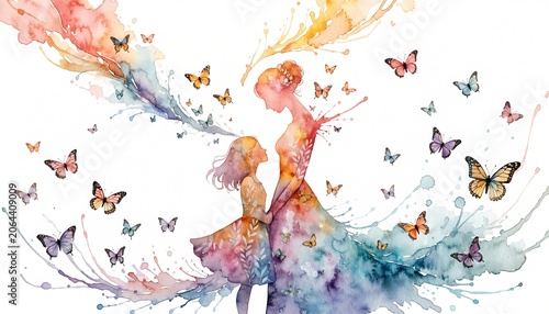 Emotional Watercolor Mother and Daughter Silhouette with Colorful Butterflies and Abstract Paint Splashes
