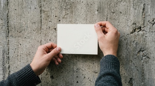 Person holding a blank white card against a concrete background