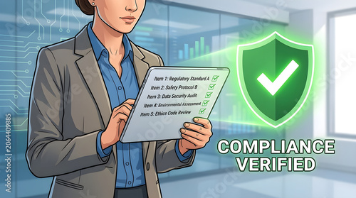 Businesswoman holding tablet, compliance verified, security shield, regulatory documents isolated on Transparent Background