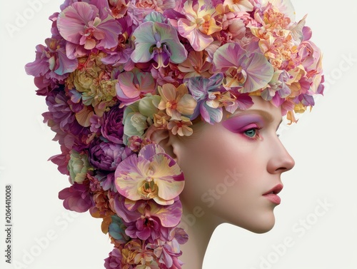 Detailed conceptual portrait of a woman in profile with an elaborate arrangement of orchid flowers across her hair and along her face, colorful makeup, set against white
