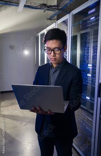 Young Asian man in glasses and suit jacket working on a laptop in a data center with server racks.