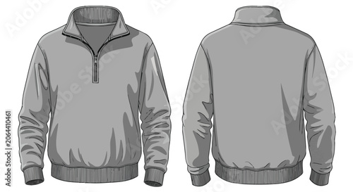 Casual Grey Quarter Zip Pullover Sweatshirt Mockup Set Showing Front and Rear Views for Sportswear Fashion Design