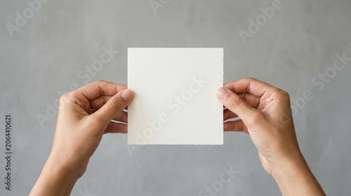 Hands holding a blank white card or paper against a gray background
