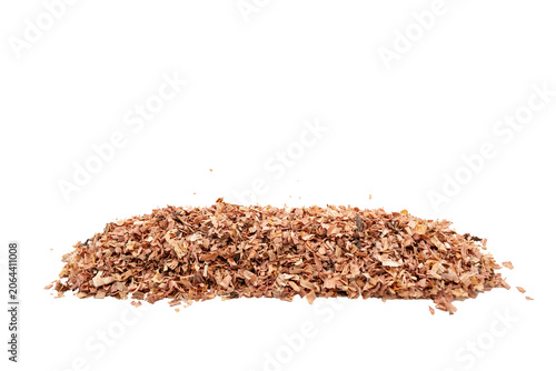 A detailed view of a pile of brown wood shavings with varying textures and shades of brown, arranged neatly On Transparent Background