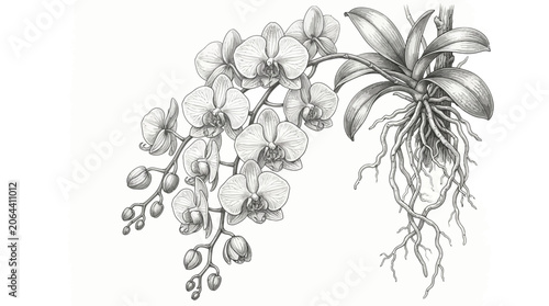 Detailed drawing of an orchid plant.