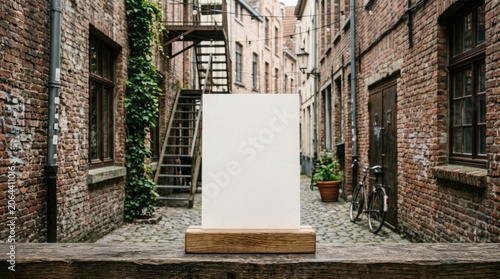 White rectangular object on wooden base in a narrow cobblestone alleyway