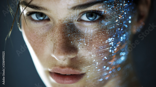 close-up portrait shows a woman's face with a glowing, blue digital circuit board pattern projected onto or integrated into the skin of her left cheek and eye area.