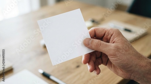 Hand holding a blank white card in an office setting with desk