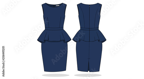 Professional Navy Blue Sleeveless Peplum Dress Technical Flat Fashion Sketch Front and Back View Design Template