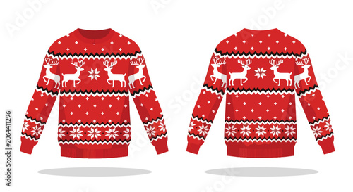 Red Ugly Christmas Sweater Template with Reindeer and Snowflake Patterns Front and Back View for Holiday Fashion